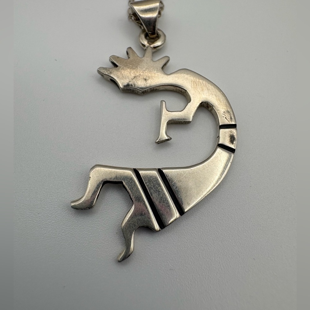 Southwestern Boho flute man Kokopeli necklace, vintage, 925 silver, 18” chain